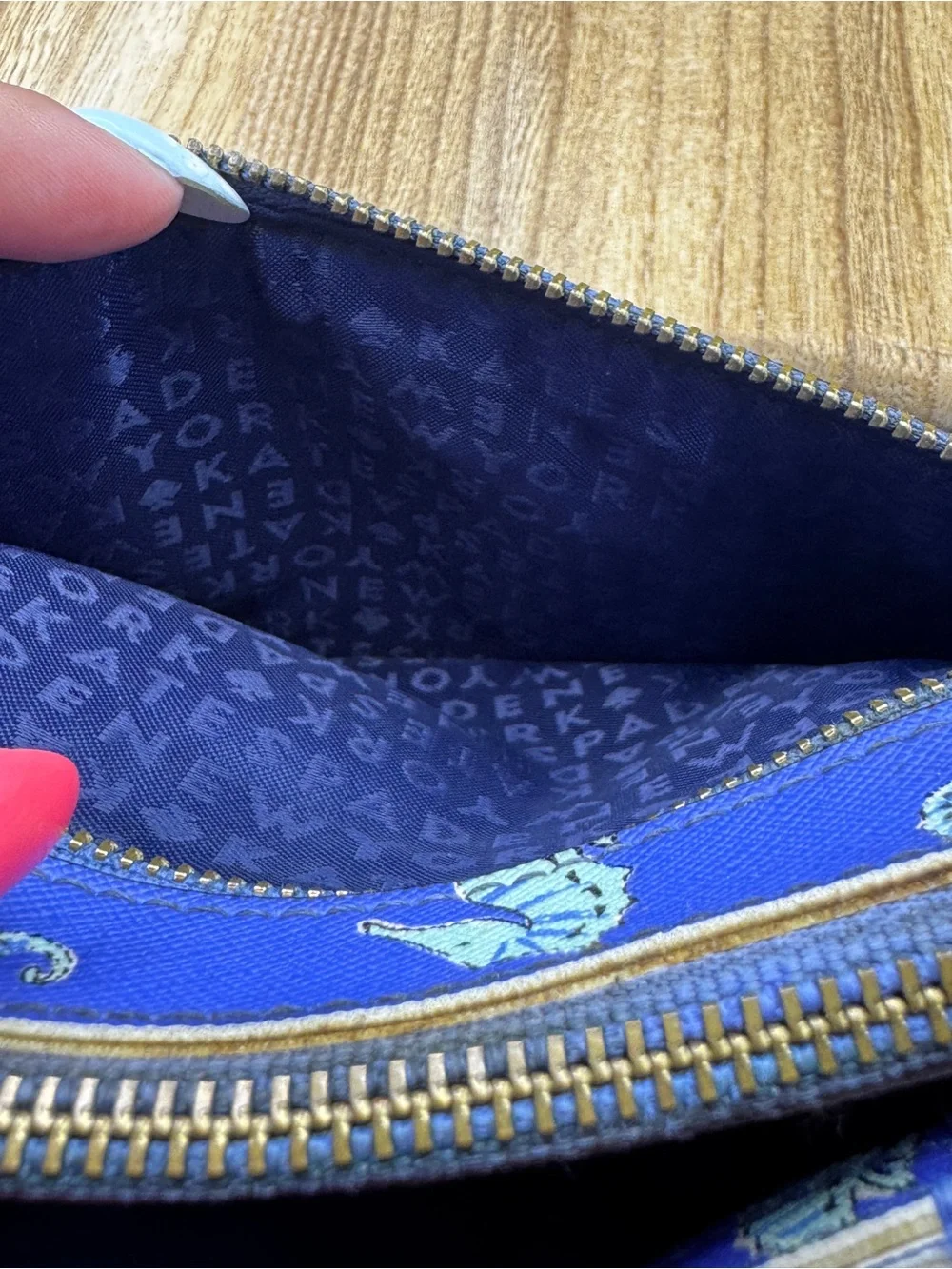 Kate Spade Blue Seahorse Print Wristlet with Zip Pocket